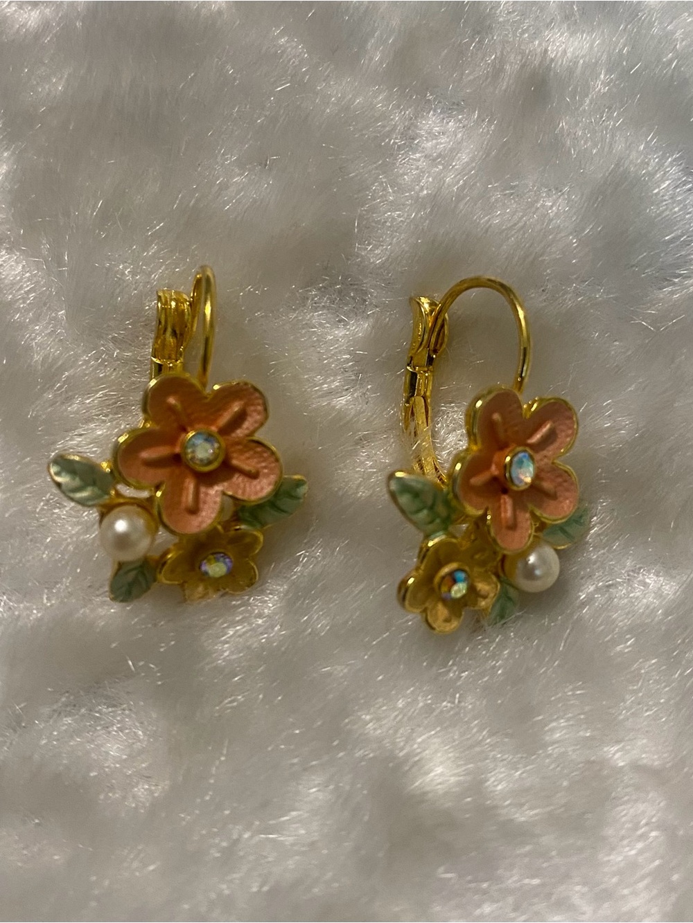 🍀Gold Pink Floral Drop Earrings with Pearls